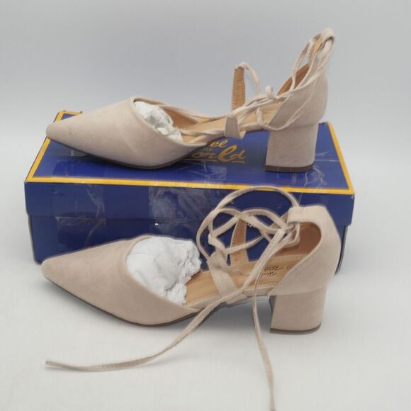 NEW Heel The World Women's 9 Nude Tan Beige Strappy Lace Up Chunky Heels - Picture 4 of 11